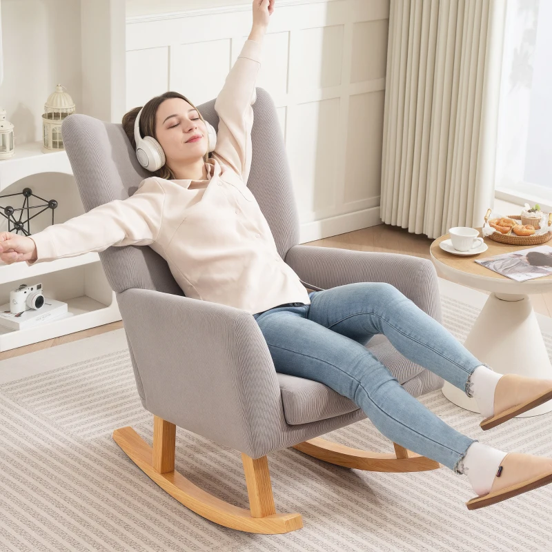HOMCOM Fotel bujany z wysokim oparciem, wygląd sztruksu, fotel bujany z szerokimi podłokietnikami, drewniane płozy, fotel do karmienia dla salonu, sypialni, balkonu, jasnoszary