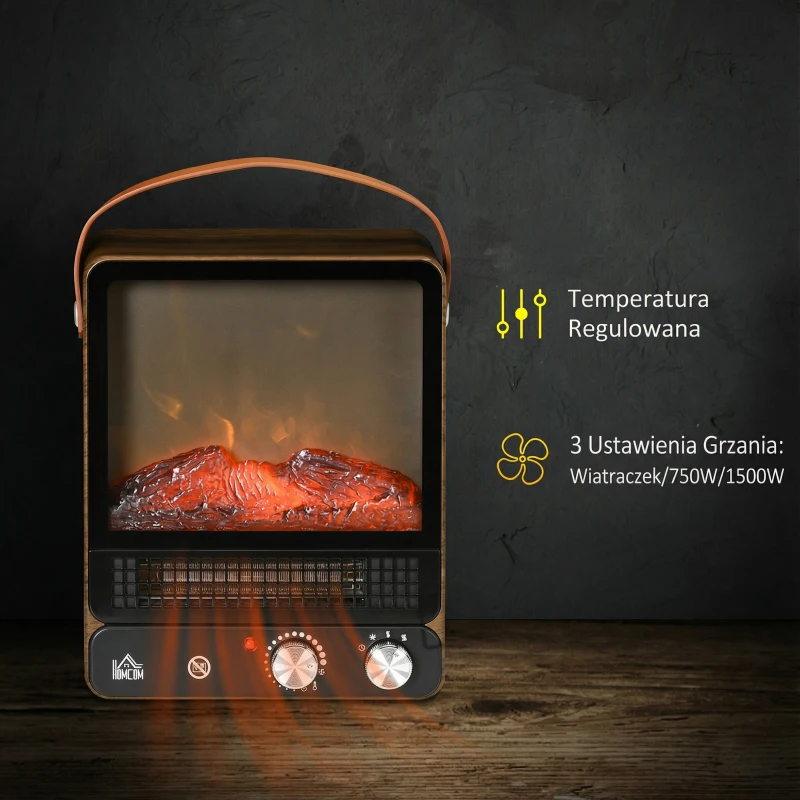 HOMCOM Elektrokamin z efektem płomieni, cichy komin stojący z uchwytem, regulowany piecyk, 750/1500W ogrzewanie wnętrz z zabezpieczeniem przed przegrzaniem do salonu i pomieszczeń wewnętrznych