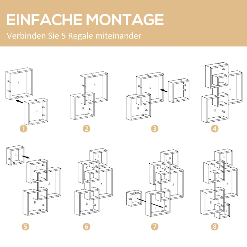 HOMCOM Regał ścienny wiszący z 5 sześcianami, 9 przegródek, dekoracja ścienna do salonu sypialni, drewno świerkowe, biały, 49,5 x 10,2 x 86 cm