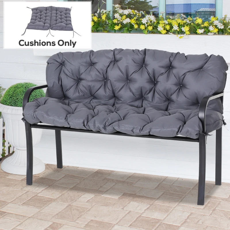 Outsunny Cuscino da Giardino 2 Posti per Sedute da Esterno con Schienale e 6 Lacci, Cuscino da Esterno Imbottito in Cotone e Poliestere, per Divani Dondoli Panche, 132x110x10 cm, Grigio Scuro
