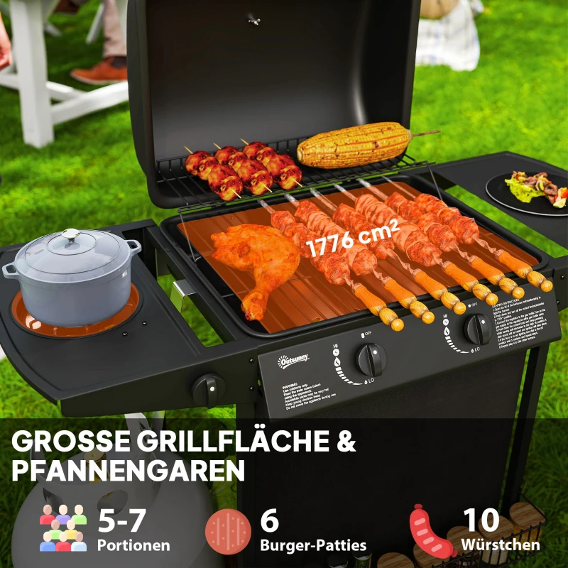 Grill gazowy 7 kW, 3 palniki, boczny palnik, kółka, pokrywa