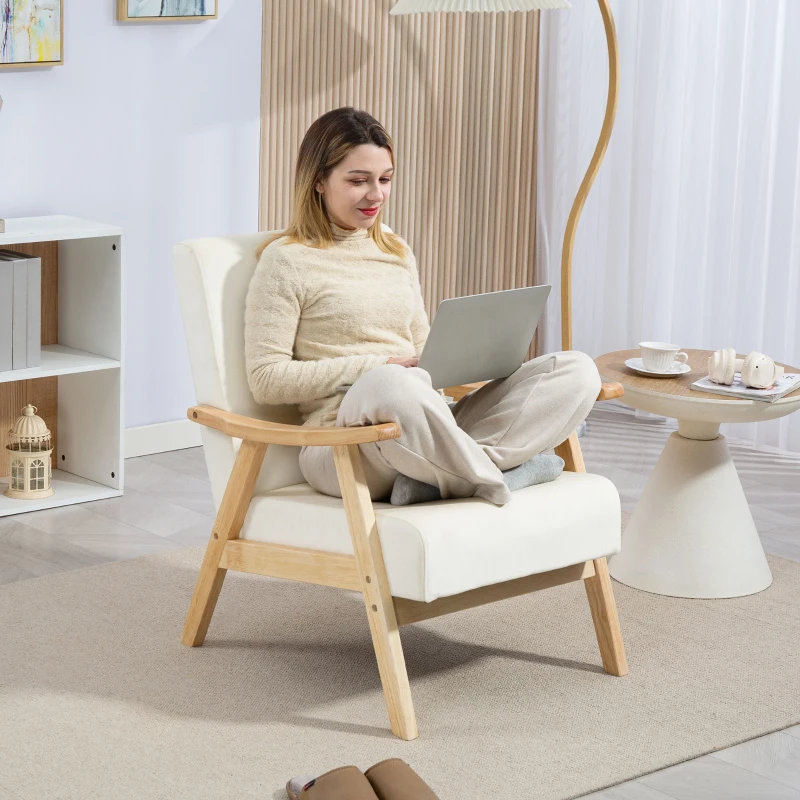HOMCOM Nordic Accent Chair, Upholstered Velvet Armchair with Solid Wood Frame and Soft Thick Padded for Living Room, Bedroom, Cream White