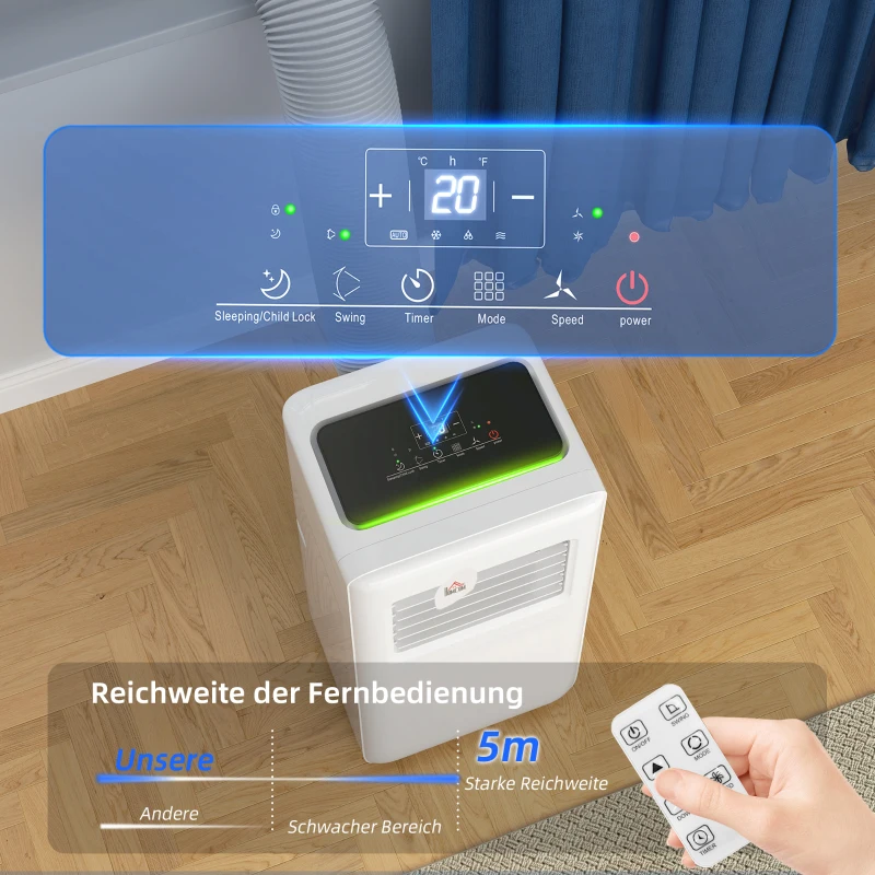 HOMCOM Klimatyzator przenośny 3w1 1,5kW z chłodzeniem, osuszaczem powietrza, wentylatorem, wężem wydechowym, automatycznym chłodzeniem powietrza, pilotem, timerem, zabezpieczeniem dla dzieci, biały