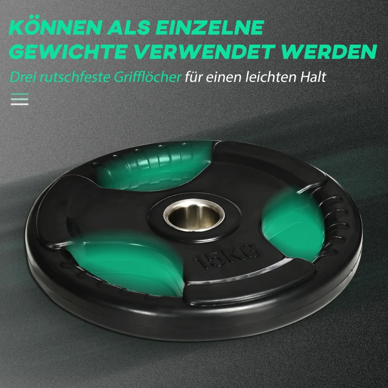 SPORTNOW Talerze ciężarków, zestaw 2 szt., Tri-Grip 2 x 15 KG z gumową powłoką, ochronne dla podłogi z otworami o średnicy 5 cm, trzy uchwyty, do podnoszenia ciężarów, treningu siłowego