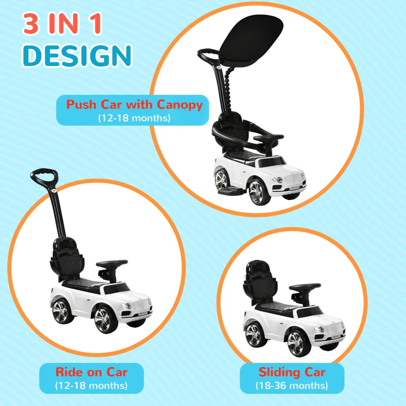Rutschauto 3-in-1 z daszkiem, białe, z rączką do pchania