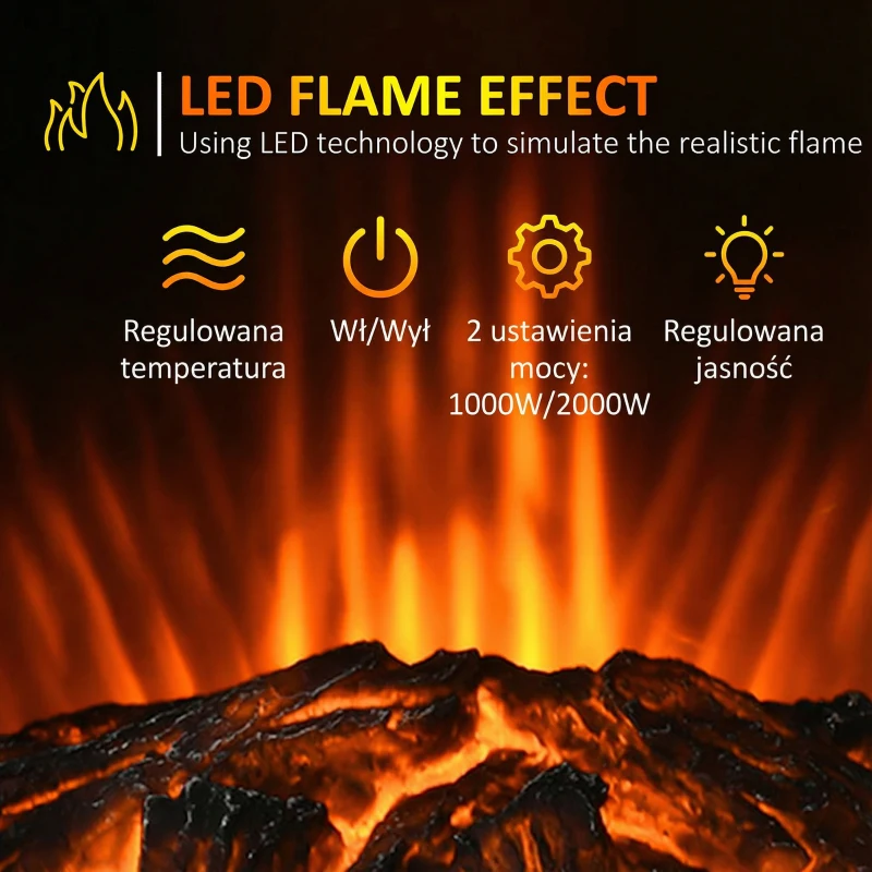 Kominek elektryczny LED, realistyczne płomienie, 2 moce, czarny