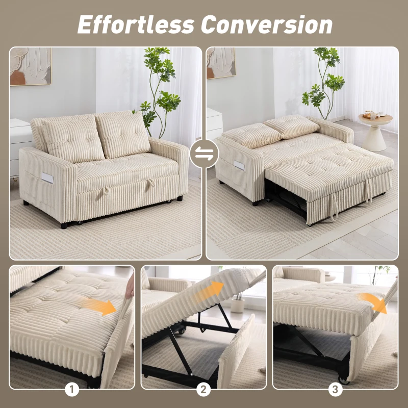 Sofa HOMCOM, 2-osobowa, 157 x 190 cm z funkcją spania, regulowane oparcie, sofa z poduszkami, wykończenie kordem, sofa z funkcją spania z uchwytami na kubki i bocznymi kieszeniami, kremowa