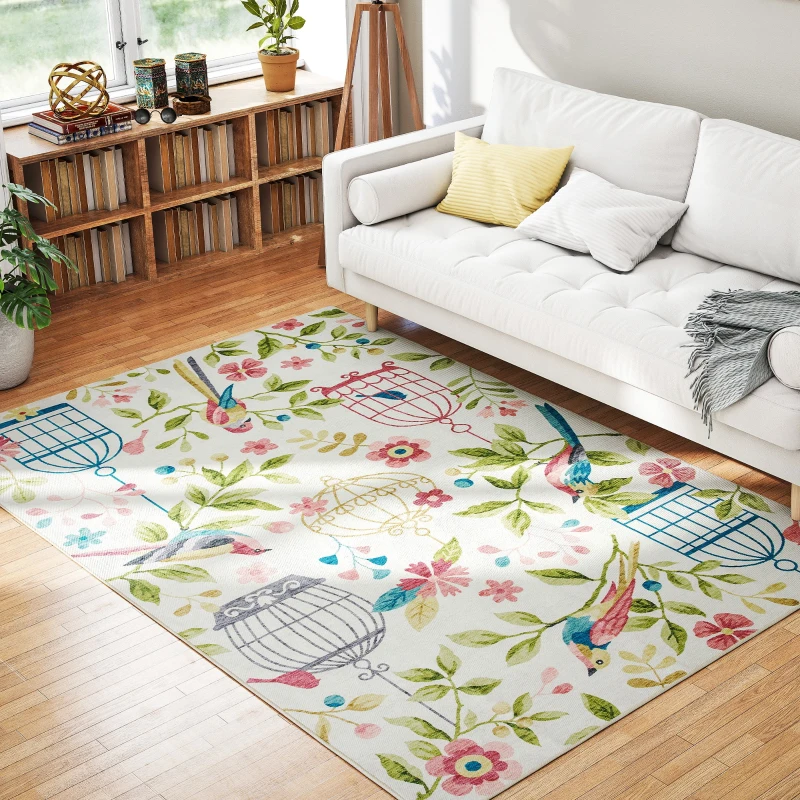 Dywan HOMCOM, maszynowo pralny, antypoślizgowy do salonu i sypialni, 200 x 140 cm, Kremowy+Różowy