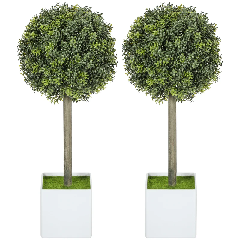 HOMCOM Set of 2 Decorative Artificial Plants, 45cm UV Resistant Faux Boxwood Topiary Balls with Plastic Pot and Flocking, Fake Plants for Indoor Outdoor Decor, Green