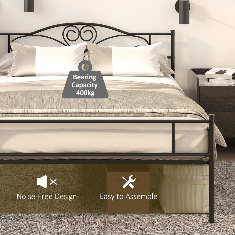 HOMCOM Łóżko 140 x 200 cm Stal z Listwami, Rama Łóżka z Przestrzenią Pod Łóżkiem, Zagłówek i Stopka, Podwójne Łóżko, Rama Łóżka, 31 cm Wysokość, Łatwy Montaż, Czarny