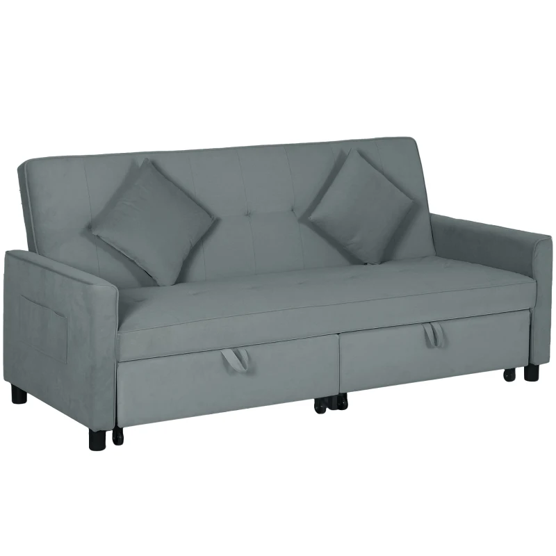 HOMCOM Sofa rozkładana 3-w-1, 3-osobowa kanapa 196x90 cm z funkcją spania, regulowane oparcie, narożnik z poduszkami, styl welur, do salonu, sypialni, szary