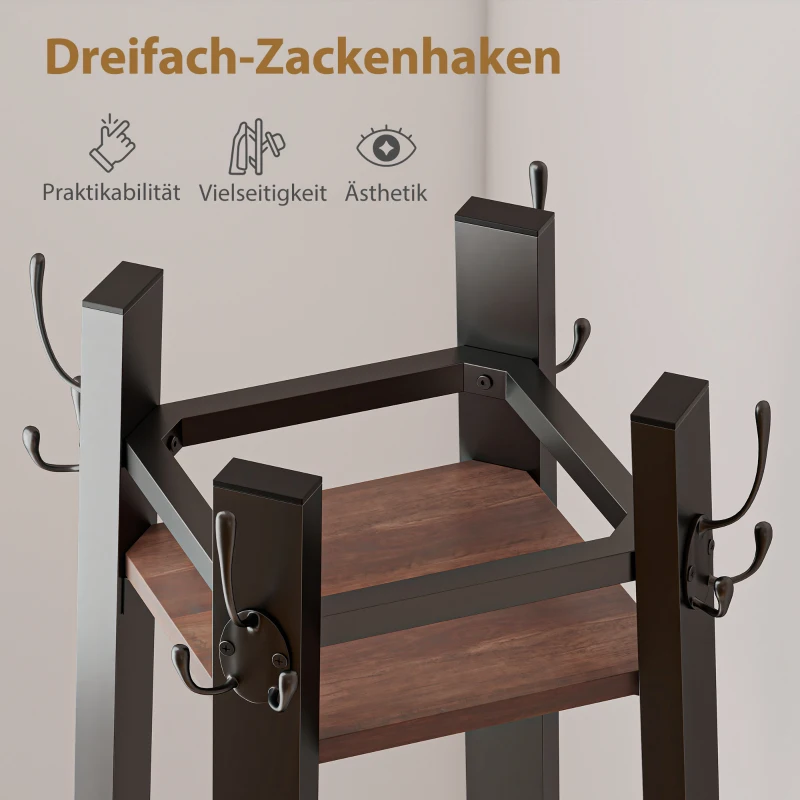 HOMCOM Wieszak Garderobiany, Stojak na Ubrania z 4 Półkami i 8 Hakami, Styl Industrialny, dla Ubrań, Torebek i Kapeluszy, do Przedpokoju i Sypialni, Brązowy
