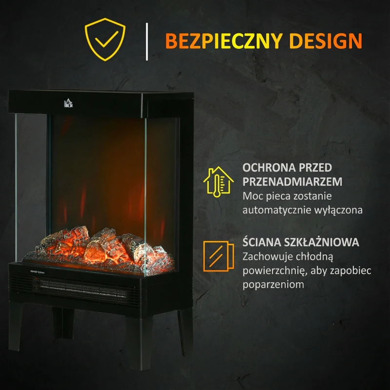 HOMCOM Elektryczny kominek, 2000 W, kominek stojący z ogrzewaniem, efekt płomienia 3D LED, 4 poziomy jasności, Elektryczny kominek z termostatem, Ochrona przed przegrzaniem, Czarny