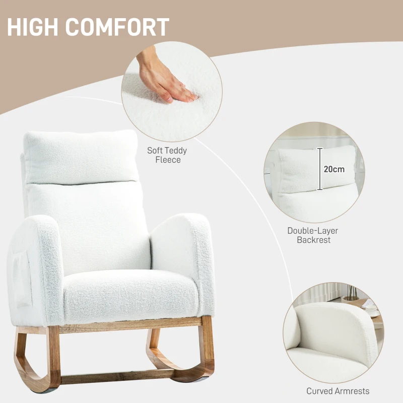 HOMCOM Fotel bujany, fotel z podłokietnikami, fotel do karmienia z wyglądem aksamitu, fotel bujany do 120 kg, do sypialni, salonu, kremowy