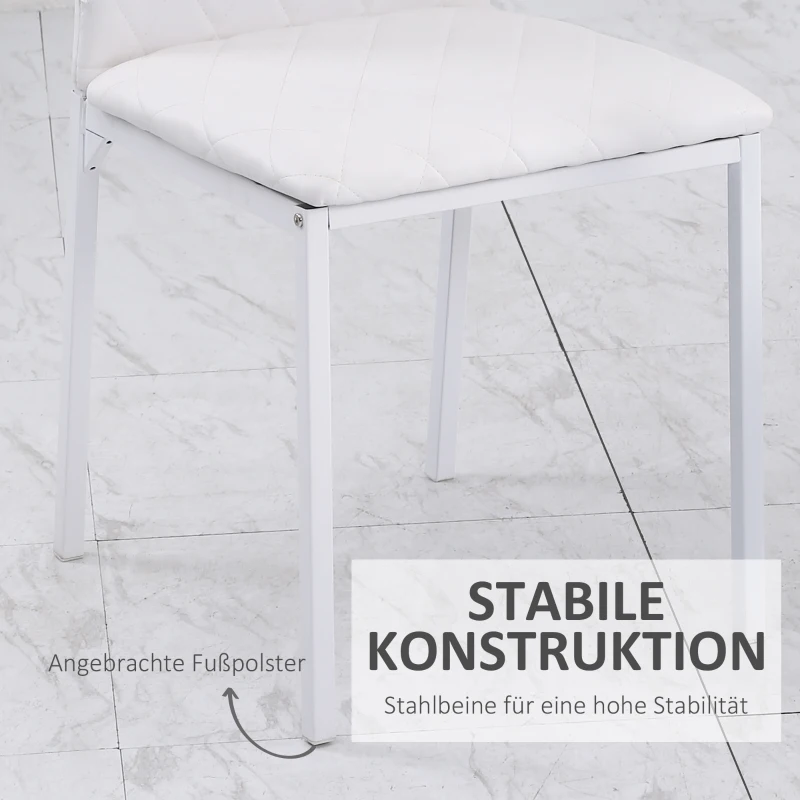 Zestaw 4 Krzeseł do Jadalni HOMCOM z Oparciem, Pikowane, Tapicerowane Krzesła z Metalowymi Nogami, do Jadalni, Kuchni, Salonu, Skóra Ekologiczna, Biały