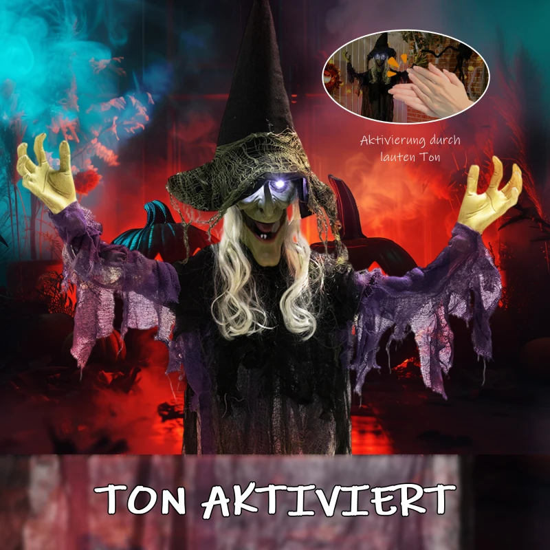 Outsunny 183 cm Wisząca Czarownica na Halloween z LED, Funkcją Dźwiękową, Dekoracja Drzwi z Regulowanymi Ramionami, Figura Ogrodowa w Naturalnej Wielkości na Imprezę