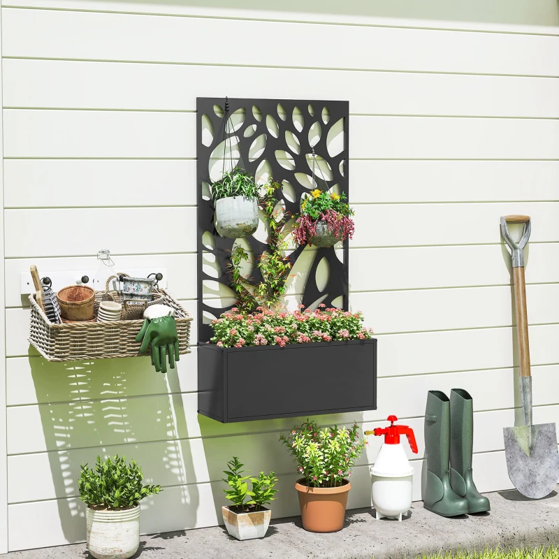 Outsunny metalen hoogbed met klimrek, wandmontage of vrijstaand, plantenbak met privacypaneel