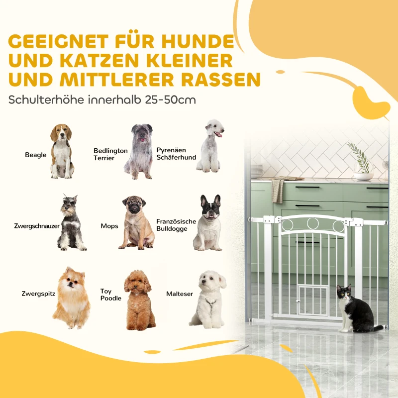 PawHut Stair Gate, 77cm Extra Tall Dog Gate with Adjustable Width 76-104cm, Pressure Fit Safety Gate with Cat Door, 7cm and 14cm Extensions, for Stairs & Doorways, Easy Installation, White