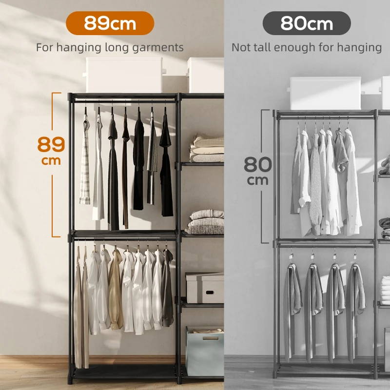 HOMCOM Szafa Materiałowa z Drążkiem na Ubrania, Półkami, dla Sypialni, Garderoby, 111 x 43 x 185 cm, Czarna