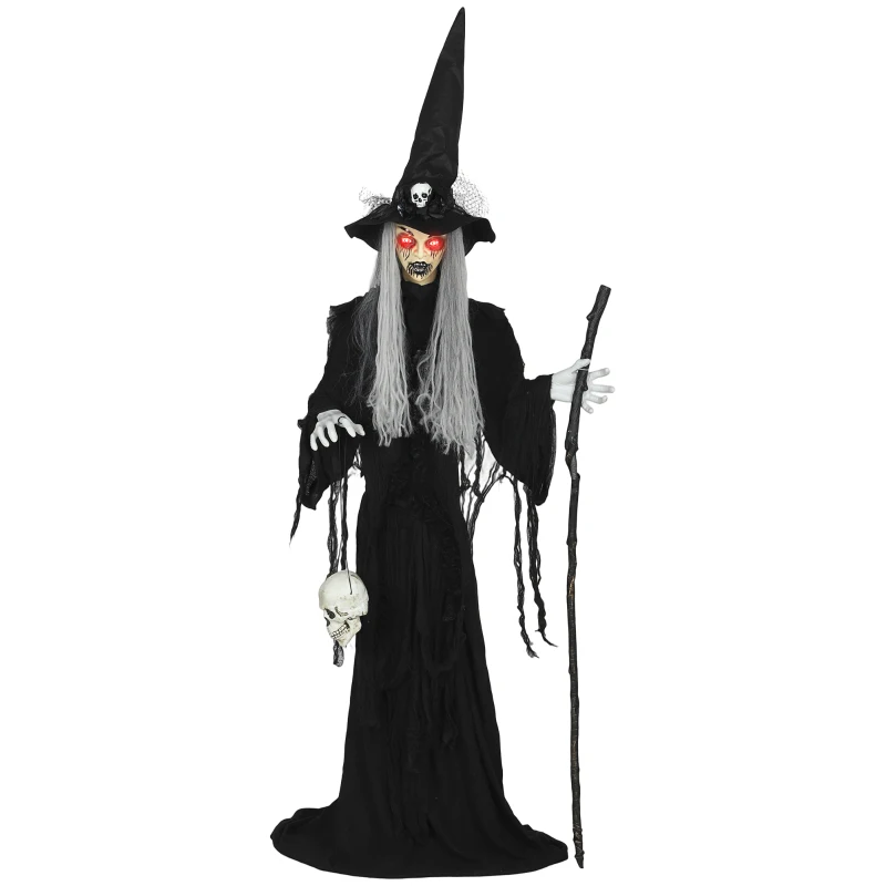 Outsunny 170 cm Dekoracja na Halloween Czarownica z LED, Funkcją Dźwiękową, Dekoracja Drzwi z Regulowanymi Rękami, Głową, Figura Ogrodowa w Naturalnej Wielkości na Imprezę