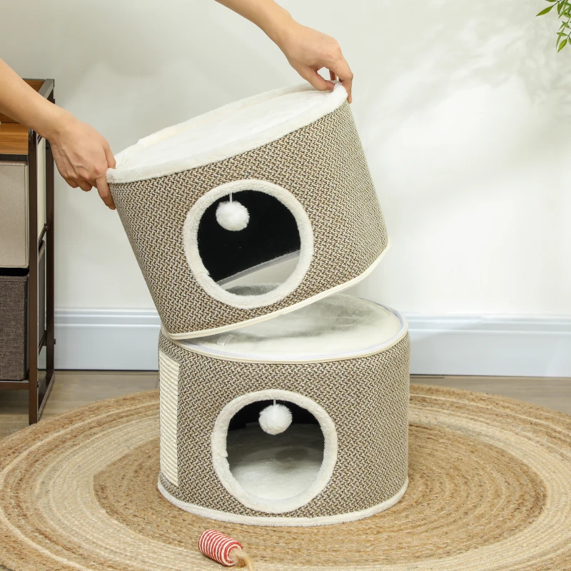 PawHut 56cm Cat Condo Barrel Tower, Small Cat Tree for Indoor Cats with Plush Platform, Toy Ball, Coffee