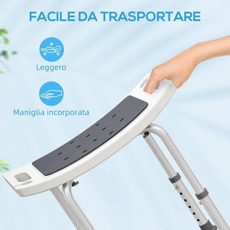 HOMCOM Sgabello da Doccia in Lega di Alluminio e Plastica Antiscivolo, Altezza Regolabile 6 Livelli 39-52cm, Grigio