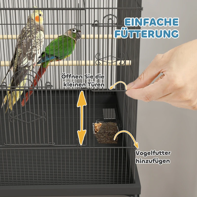 Klatka dla papużek, z tacą, stacją karmienia, na kółkach