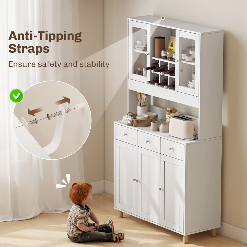 HOMCOM Szafka kuchenna, bufet z regulowanymi półkami, 4 drzwi, szuflada, szafka na zapasy, wysoka szafka z 2 drzwiami szklanymi, 100 x 40 x 180 cm, Biały