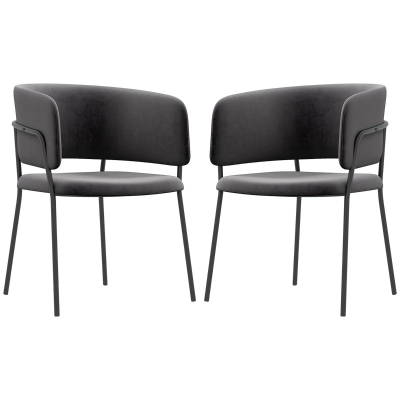 HOMCOM Krzesła do Jadalni, Zestaw 2, Krzesło Kuchenne z Oparciem, Nogi Stalowe, Polsterstuhl w Optyce Aksamitu do Salonu, Kuchni, Szare 57 x 53 x 73 cm