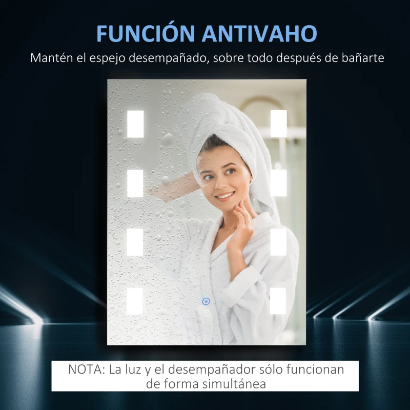 kleankin Espejo de Baño con Luz LED con Función de Antivaho Marco de Aluminio e Interruptor Táctil 70x50 cm Plata