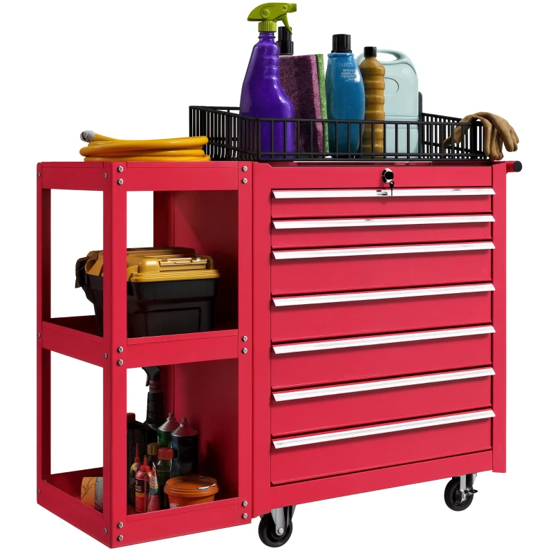 HOMCOM Carrinho de Ferramentas com 7 Gavetas Estante de 3 Níveis Removível Sistema de Fecho Central Asa 2 Rodas com Travão Vermelho