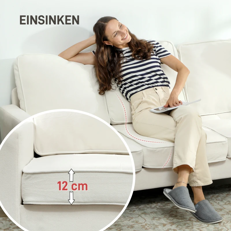 HOMCOM Three Seater Sofa with Thick Cushions, Couch with Rubber Wood Legs, Easy Assembly, for Living Room, Office, Bedroom, Cream White