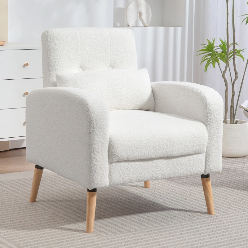 HOMCOM Modern Armchair with Tufted Back, Upholstered Accent Chair with Rubberwood Legs and Lumbar Pillow for Living Room, Bedroom and Office, White
