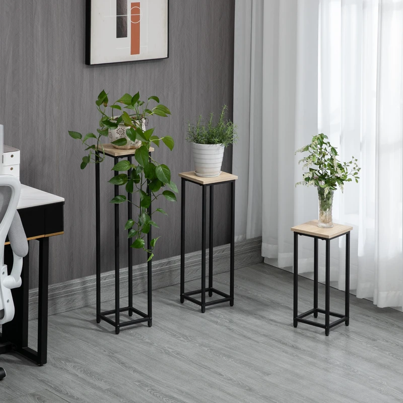 Outsunny 3 elementowy zestaw stojaków na rośliny układany w stos, uchwyt na donice, oszczędzający miejsce stojak na rośliny w stylu przemysłowym do ogrodu balkonu Czarny+Naturalny