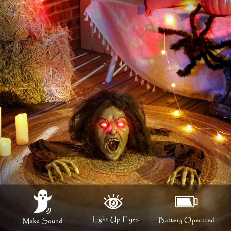 Dekoracja Halloween Outsunny 140 cm - Pełzający Zombie z LED w oczach, funkcją dźwiękową, dekoracja ogrodowa i do domu na imprezę