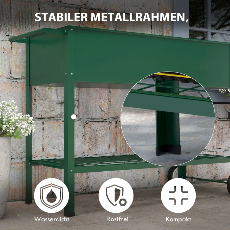 Outsunny Podwyższone Grządki z Kołami, Regał na Zioła, Metalowe, dla Ogrodu, Balkonu, Zielone 109 x 44 x 80 cm