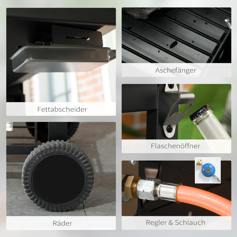 Outsunny Grillwagen Gasgrill z 2+1 palnik, termometr, 3kW BBQ Holzkohlgrill z Regal, Seitenablage, Haken, Campinggrill z wężem do ogrodu, balkon, czarny