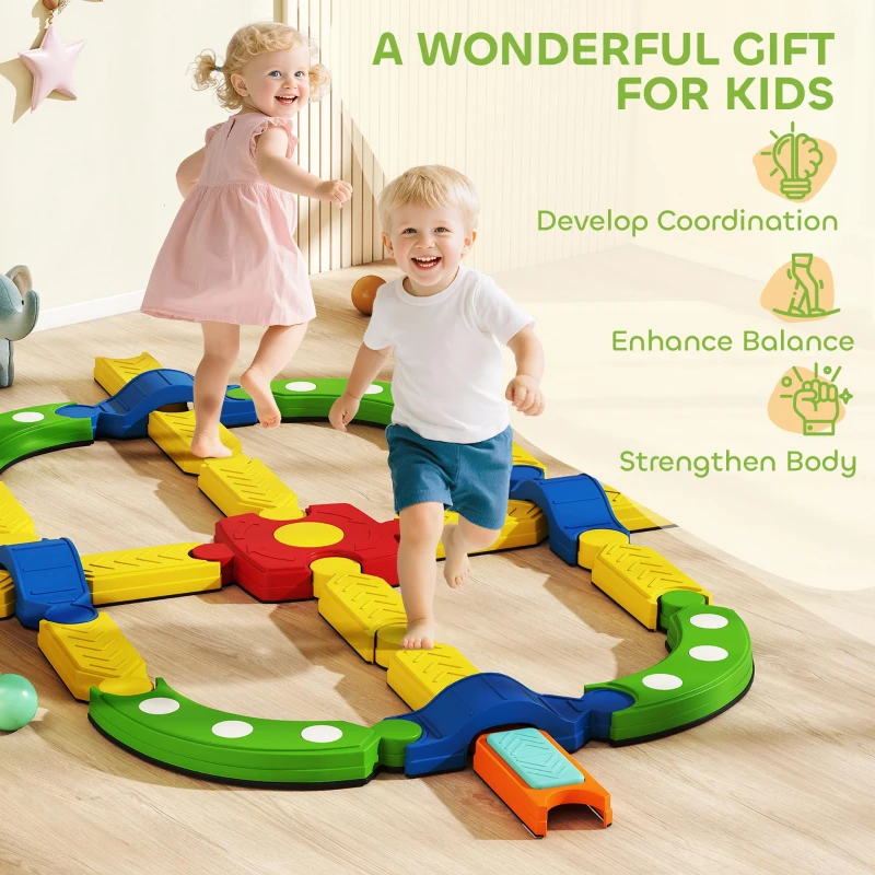 AIYAPLAY Belka Równoważna dla Dzieci, Małe Dzieci Belka Równoważna z 25 Kamieniami Balansowymi, Zabawki Montessori dla Dzieci w Pomieszczeniach i na Zewnątrz, Deska do Balansowania dla Koordynacji od 3-8 Lat, Kolorowa