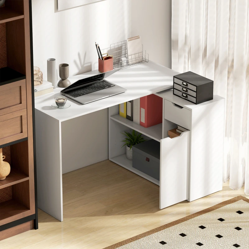 HOMCOM Biurko narożne w kształcie litery L, biurko komputerowe z otwartymi półkami, szufladą, drzwiami, biurko narożne na dokumenty formatu A4, biuro, pokój pracy, 120 x 96 x 75 cm, białe