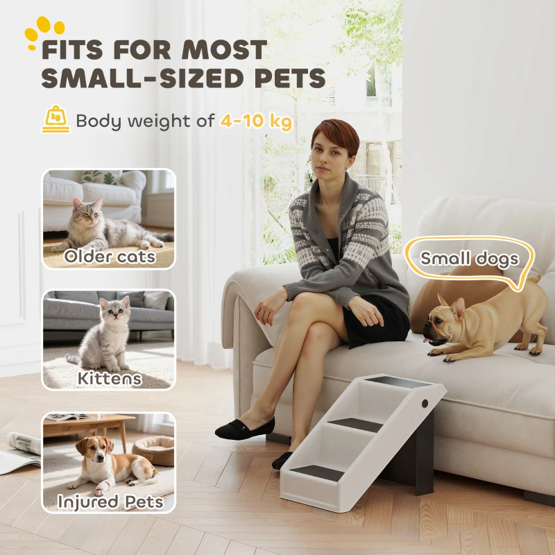 PawHut Foldable Dog Stairs with 3 Non-Slip Steps, Portable Pet Stairs for Small Dogs and Cats for High Beds or Sofas, Supports up to 10 kg, Cream White