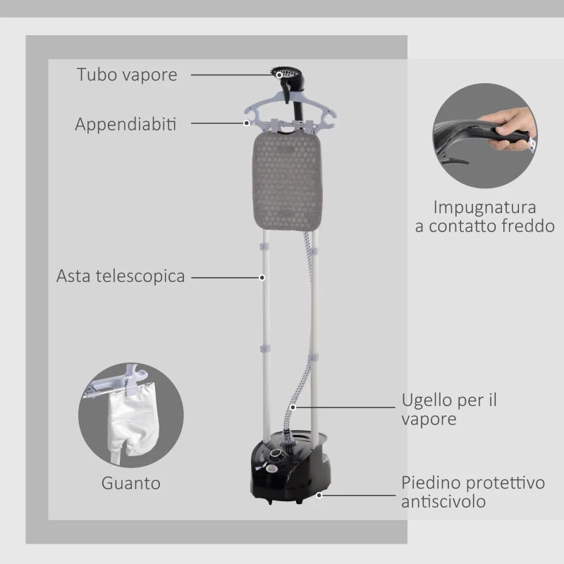 HOMCOM Stiratrice a Vapore, Ferro da Stiro Verticale da 2L, Potenza 1950W con 2 Aste Portatile, 35x25x23cm