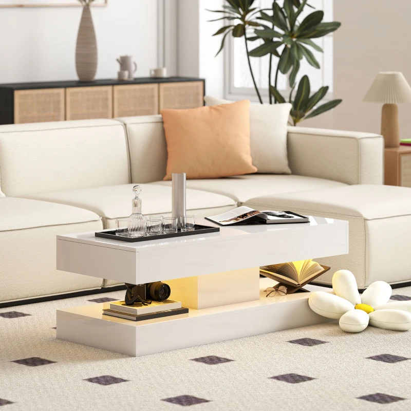 HOMCOM Coffee Table with Storage and 12 Colours LED Lights, Modern High-Gloss Rectangle Living Room Table with 2 Drawers & Open Shelf, 120 x 50 x 42 cm, White