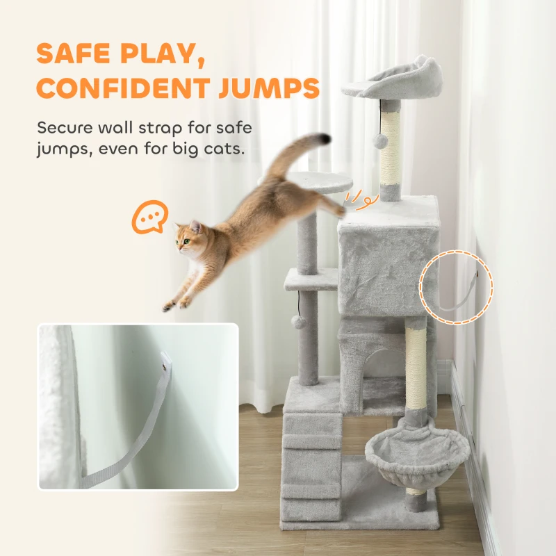 PawHut Drapak dla kota, 140 cm wysokości, z 2 jaskiniami, koszem, hamakiem, 2 piłkami, łóżkiem dla kota z wzorem kocim, drapakiem z słupkami z sizalu, pluszem, dla 1-3 kotów do 5 kg, jasnoszary