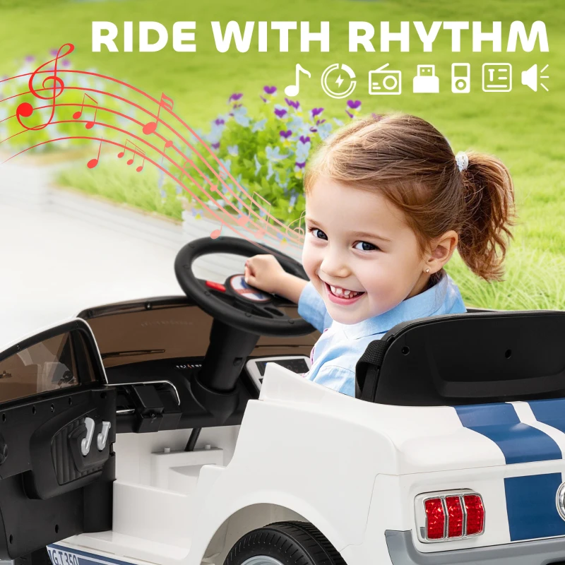 Qaba Licensed Ford Shelby GT 350 Kids Ride On Car, 12V Battery Powered Electric Vehicle with Remote Control, Adjustable Speed, MP3 Player, Smooth Start, LED Lights for Kids Ages 3-6, White