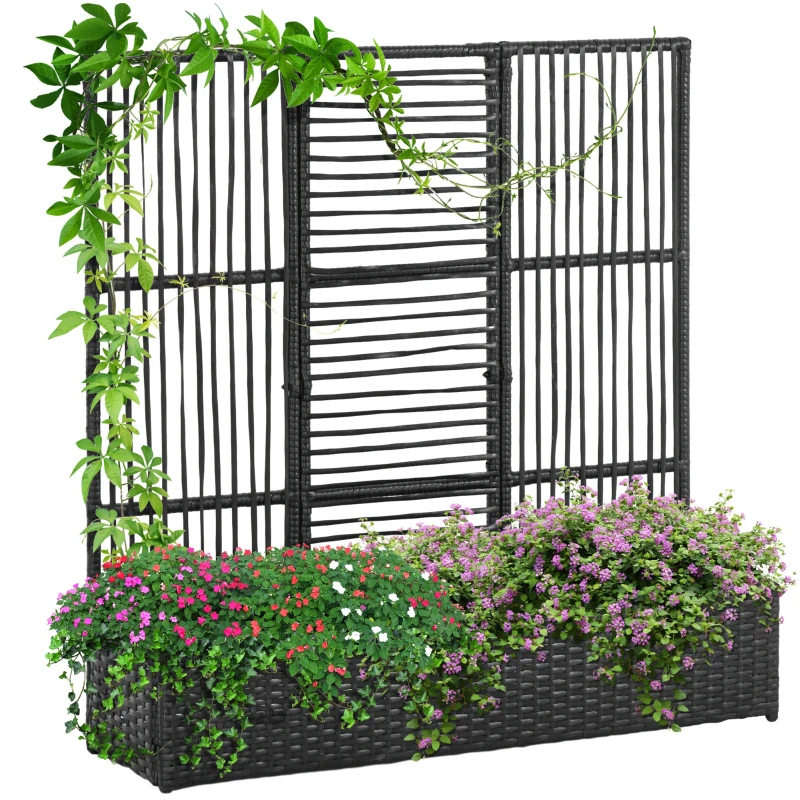 Outsunny Polyrattan Hochbeet z Rankgitter, Blumenkasten, Pflanzenkasten, Blumenbeet, na ogród, balkon, czarny, 103 x 103 x 29 cm