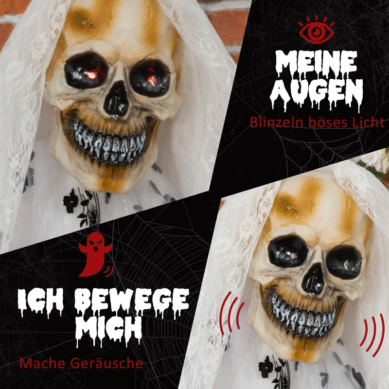 Outsunny 175cm Halloween Dekoracja Geisterbraut Hängend Skelett Schädel Augenglühen Horror-Geräusche mit Spezialeffekten und Soundfunktion In Lebensgröße Indoor Outdoor Deko
