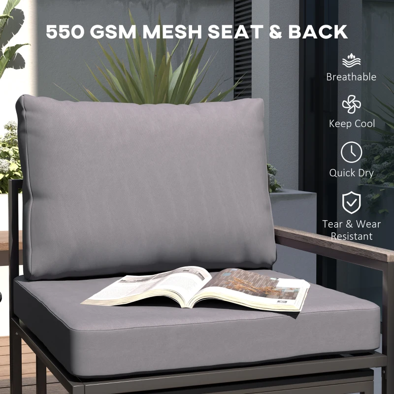 Zestaw mebli ogrodowych Outsunny dla 2 osób, stalowy, odporny na warunki pogodowe, z 2 fotelami, poduszkami i stolikiem pomocniczym, pufy, komplet do siedzenia na zewnątrz, meble tarasowe, idealne do ogrodu, tarasu i balkonu, szary