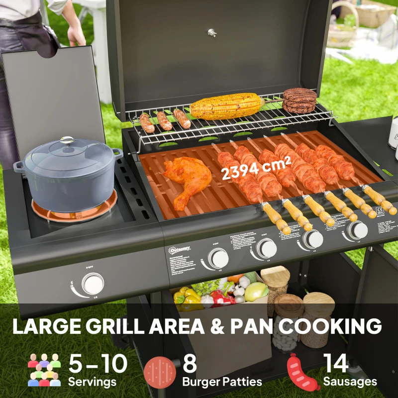 Grill gazowy 15,2 kW, 5 palników ze stali, kółka, boczny palnik