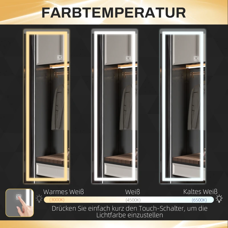 HOMCOM Lustro całego ciała z LED, z regulacją, dotykowym sensorem, funkcją pamięci, srebrne, 40x120 cm