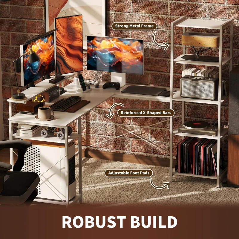 HOMCOM Biurko narożne L z półkami, biurko komputerowe z podstawką na monitor, gniazdo sieciowe, port ładowania USB, białe, idealne do biura domowego, sypialni, 137 x 140 x 139,5 cm